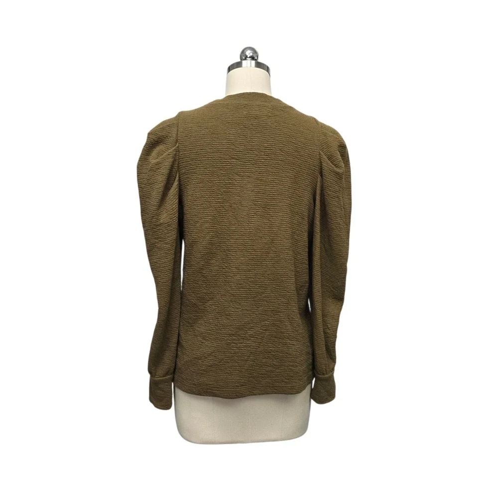 Madewell Womens Puff Shoulder Textured Waffle Knit Top Olive Brown Size Medium